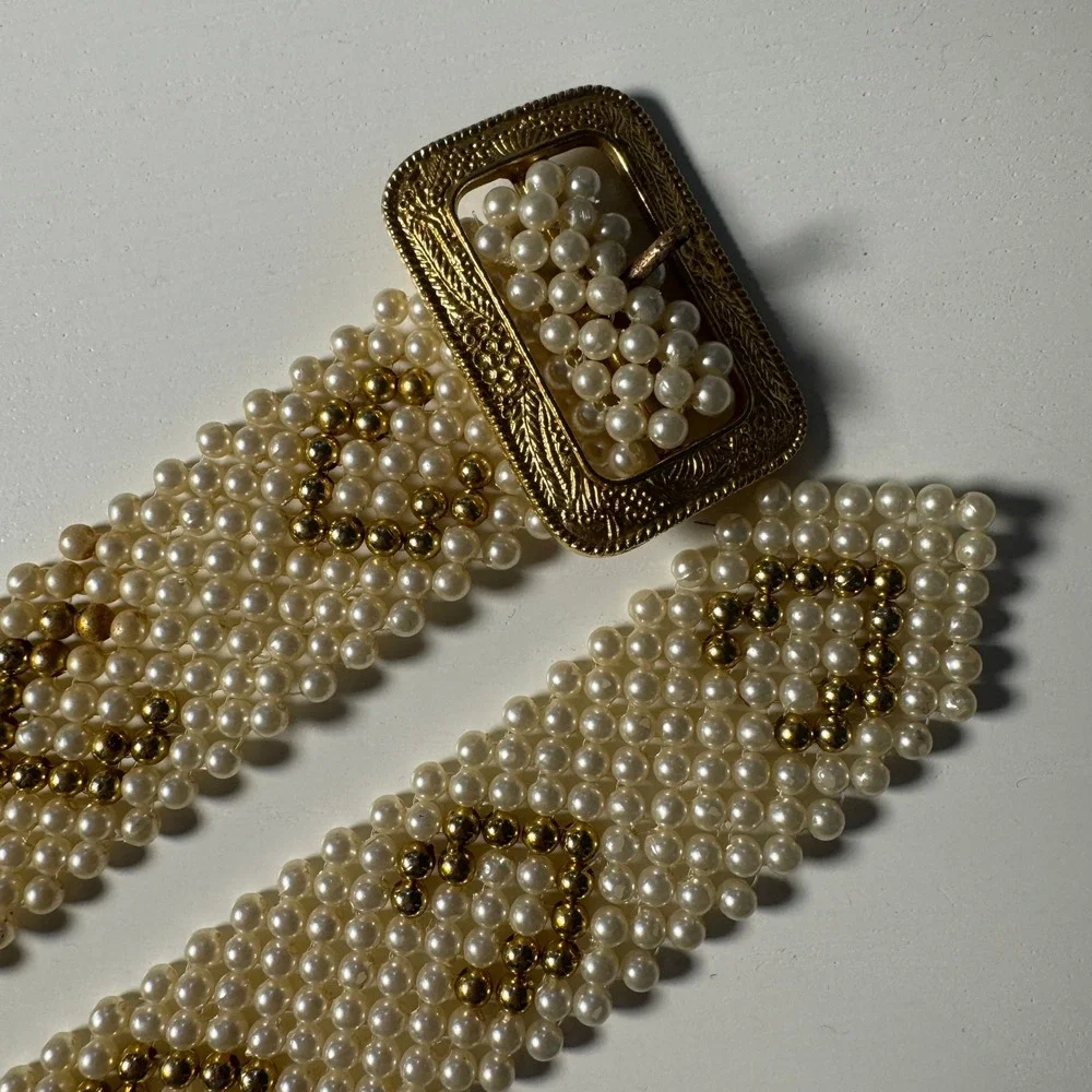 Vintage Faux Pearl Beaded Belt Gold Tone Ornate Beads Glam Wide Western S/M/L